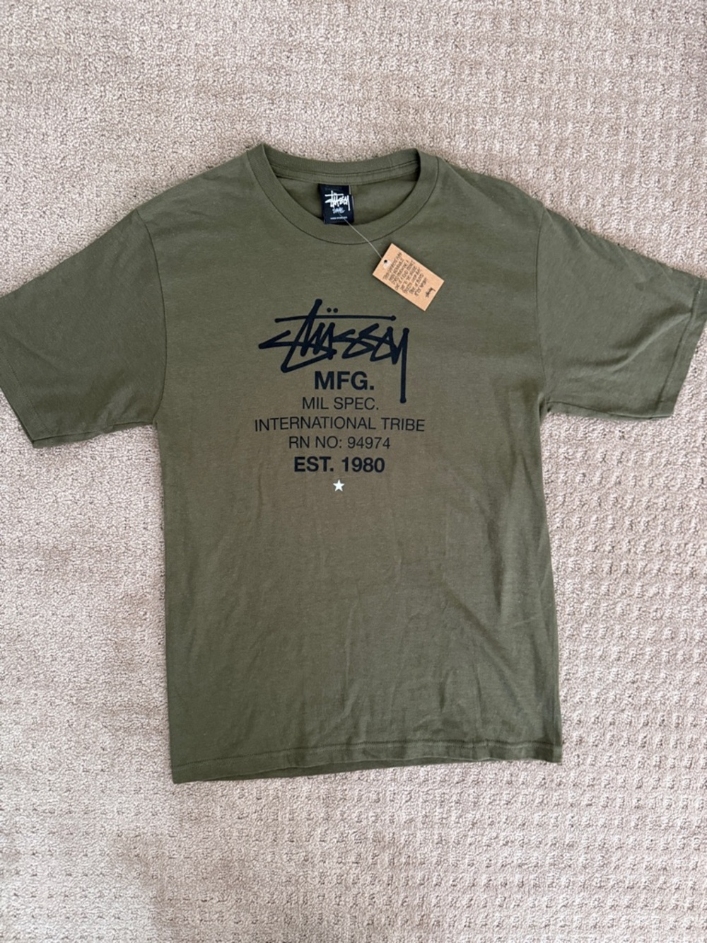 Stussy Olive Green Logo Short Sleeve Tee S